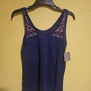 NWT Falls Creek Womens Size Small Navy  Tank Top  Red White Embroidered Neckline